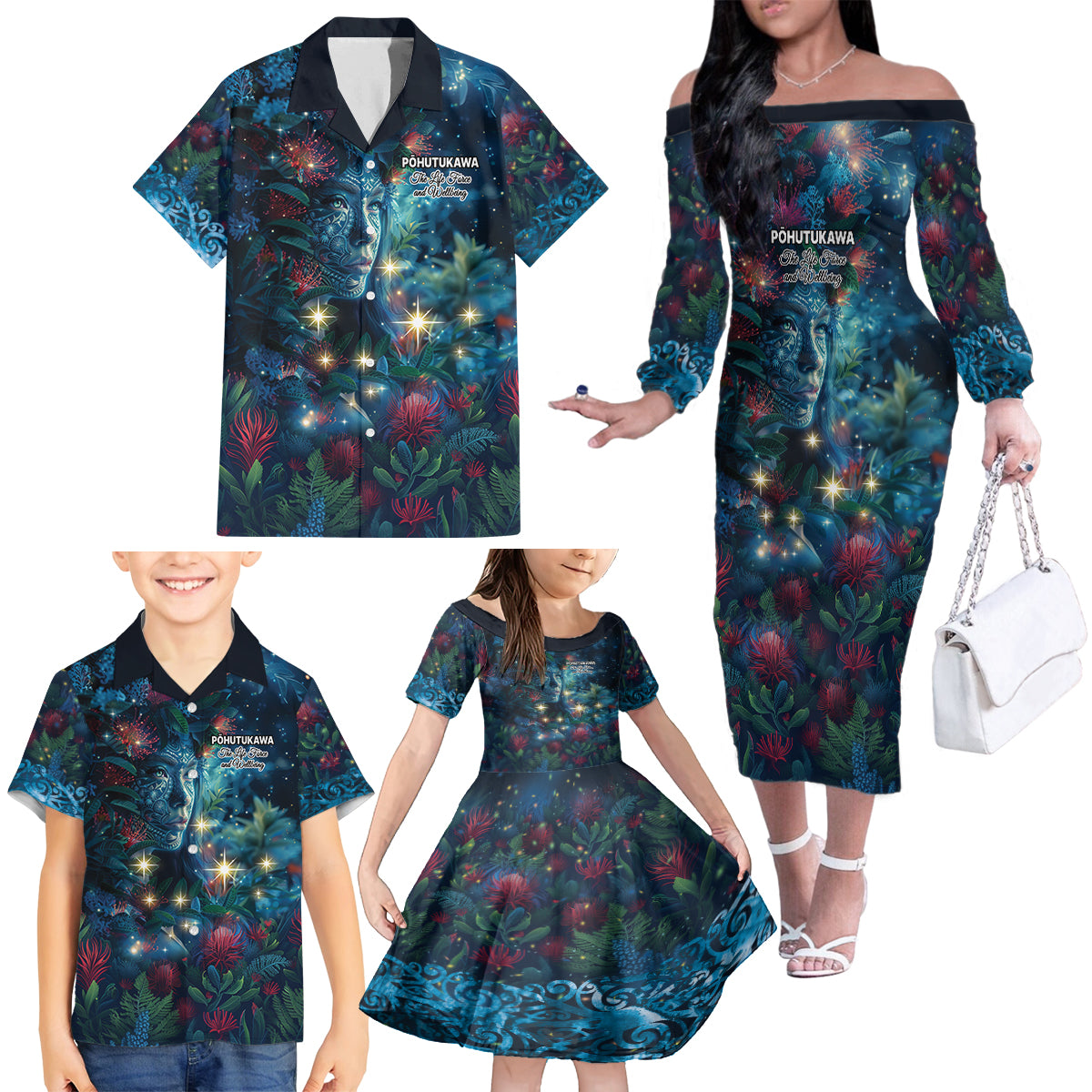 New Zealand Matariki Pohutukawa Family Matching Off The Shoulder Long Sleeve Dress and Hawaiian Shirt Te Mauri te Ora LT9 - Polynesian Pride