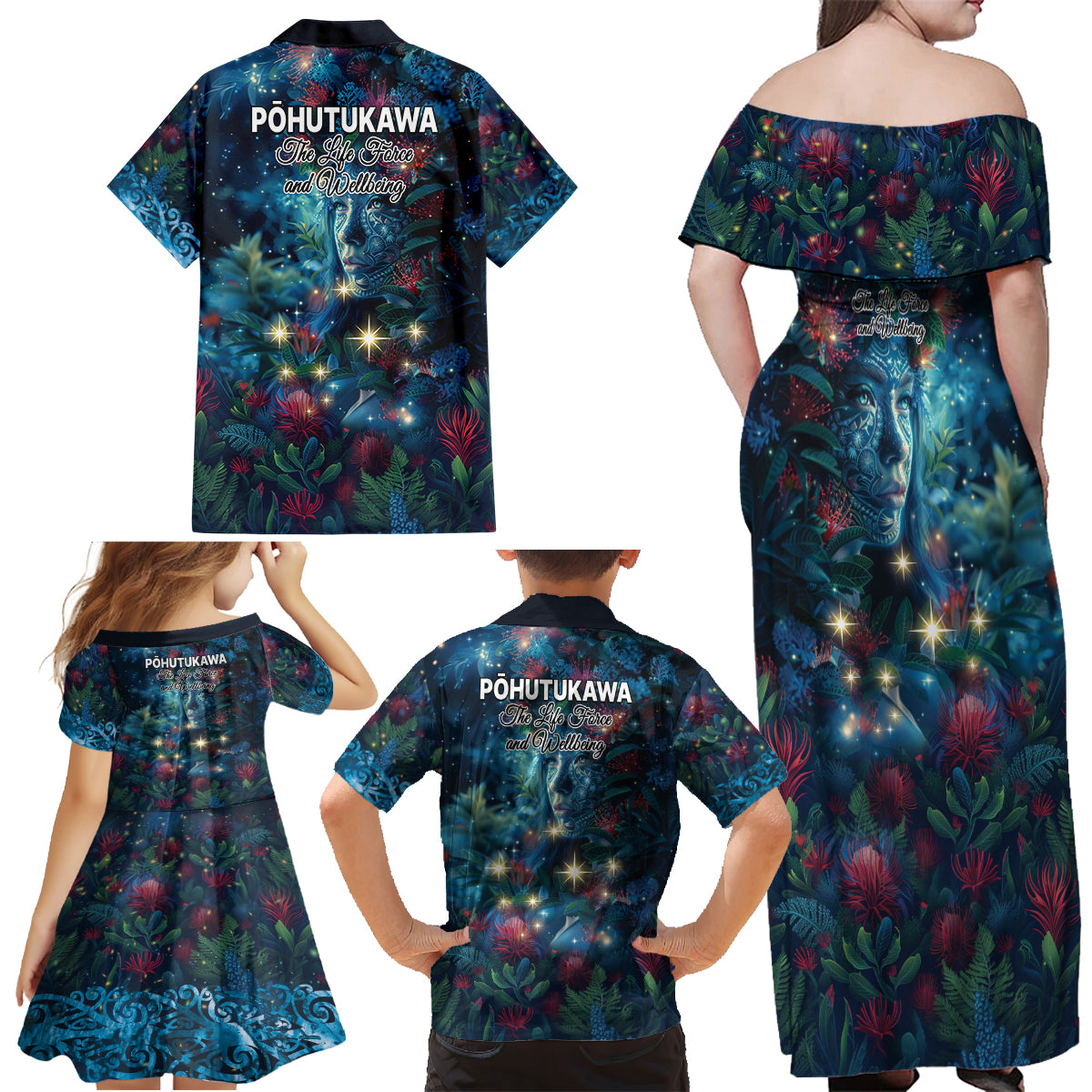 New Zealand Matariki Pohutukawa Family Matching Off Shoulder Maxi Dress and Hawaiian Shirt Te Mauri te Ora LT9 - Polynesian Pride