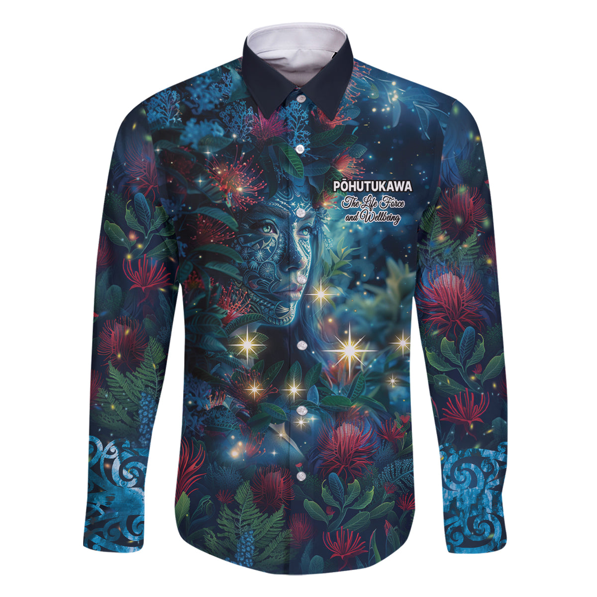 New Zealand Matariki Pohutukawa Family Matching Off Shoulder Maxi Dress and Hawaiian Shirt Te Mauri te Ora LT9 Dad's Shirt - Long Sleeve Art - Polynesian Pride