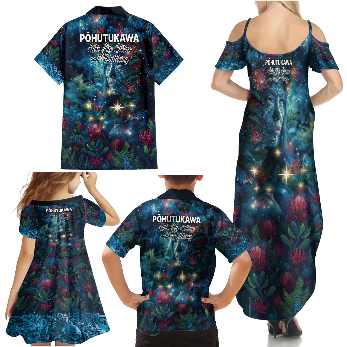 New Zealand Matariki Pohutukawa Family Matching Summer Maxi Dress and Hawaiian Shirt Te Mauri te Ora LT9 - Polynesian Pride