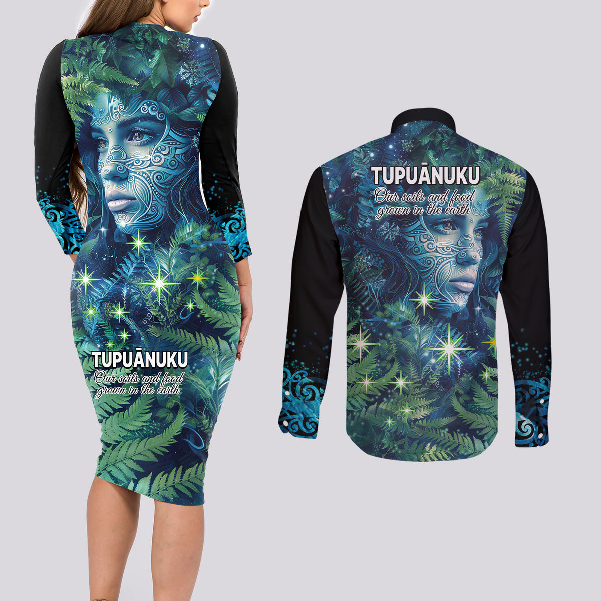 New Zealand Matariki Tupuanuku Couples Matching Long Sleeve Bodycon Dress and Long Sleeve Button Shirt Te W o te Hauhake LT9 - Polynesian Pride