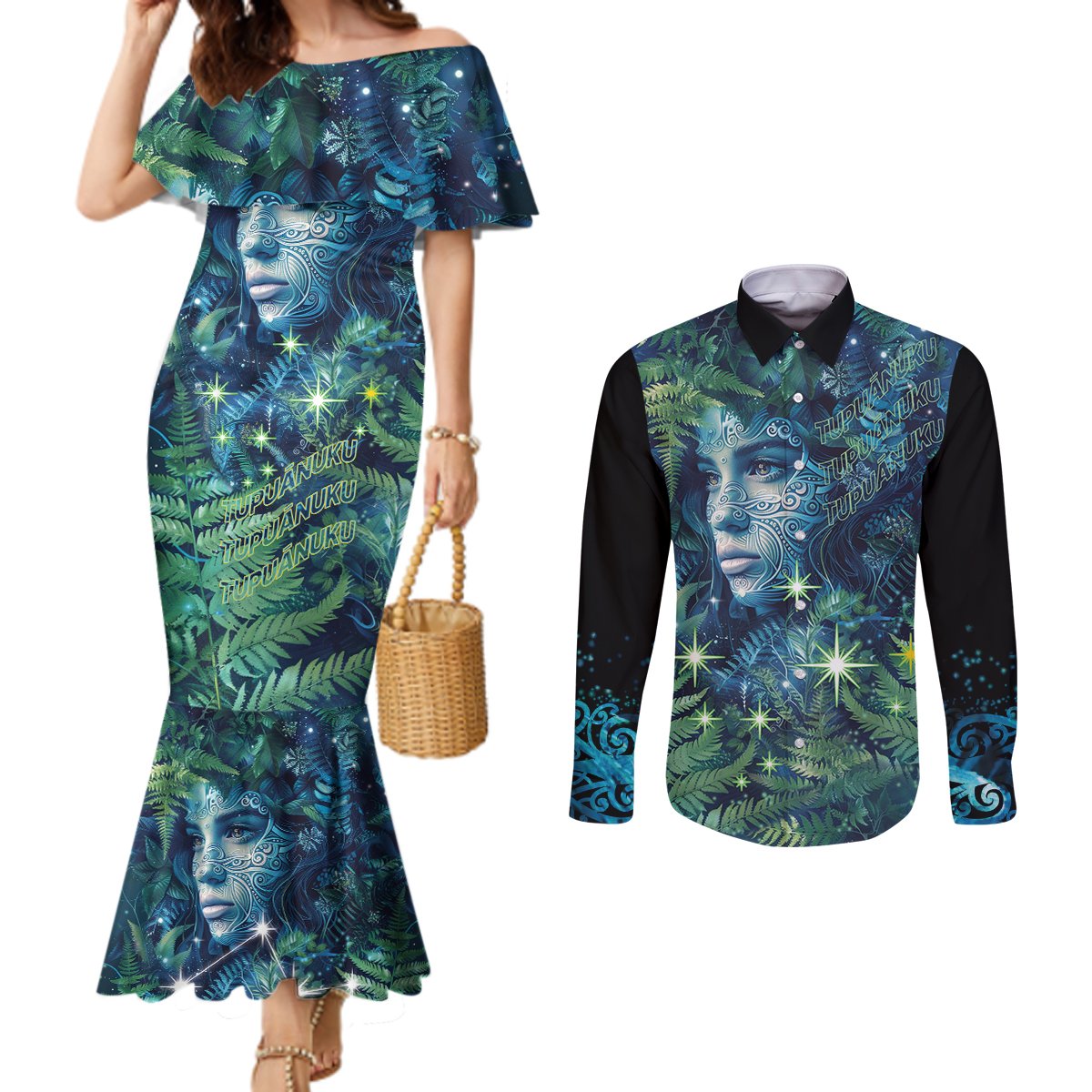 New Zealand Matariki Tupuanuku Couples Matching Mermaid Dress and Long Sleeve Button Shirt Te W o te Hauhake LT9 Art - Polynesian Pride