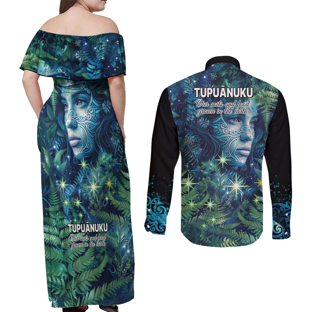 New Zealand Matariki Tupuanuku Couples Matching Off Shoulder Maxi Dress and Long Sleeve Button Shirt Te W o te Hauhake LT9 - Polynesian Pride