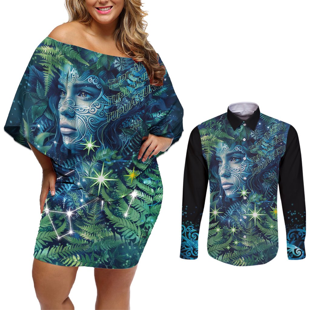 New Zealand Matariki Tupuanuku Couples Matching Off Shoulder Short Dress and Long Sleeve Button Shirt Te W o te Hauhake LT9 Art - Polynesian Pride