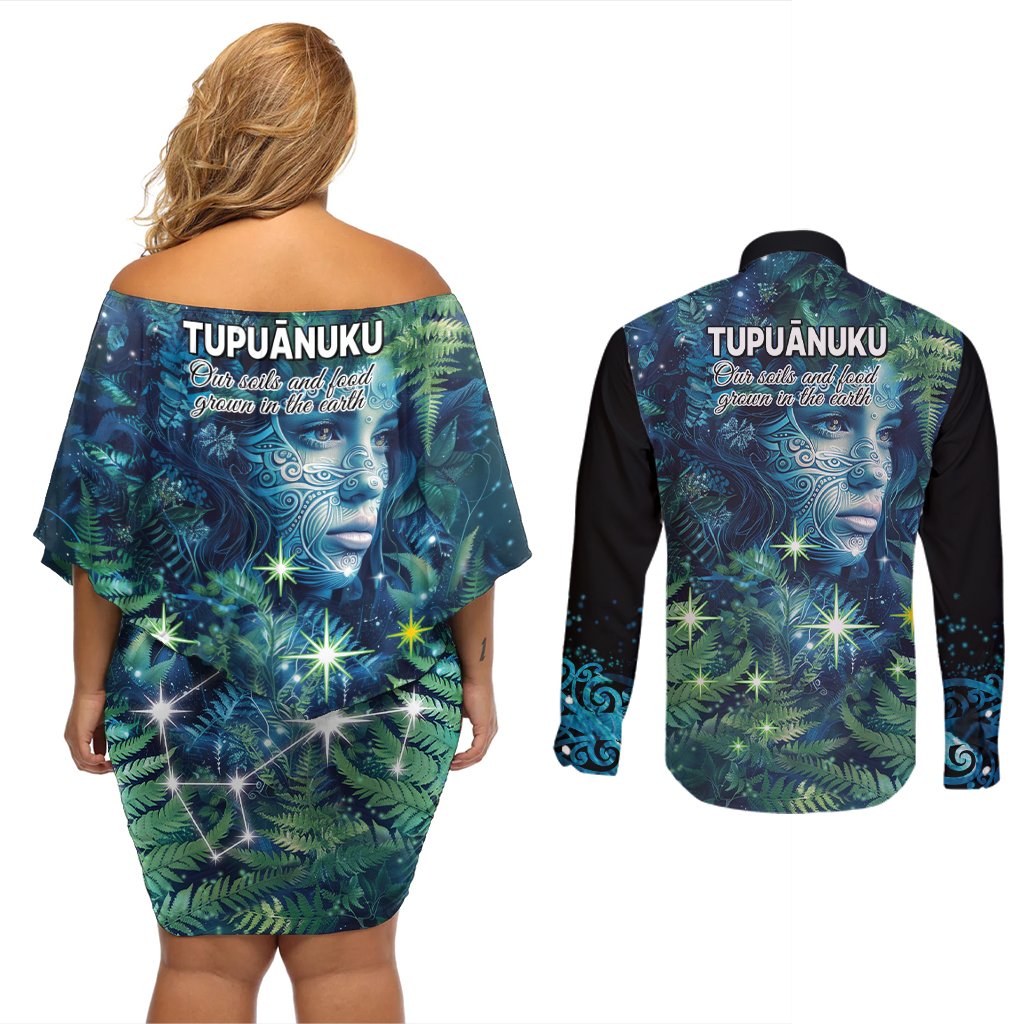 New Zealand Matariki Tupuanuku Couples Matching Off Shoulder Short Dress and Long Sleeve Button Shirt Te W o te Hauhake LT9 - Polynesian Pride