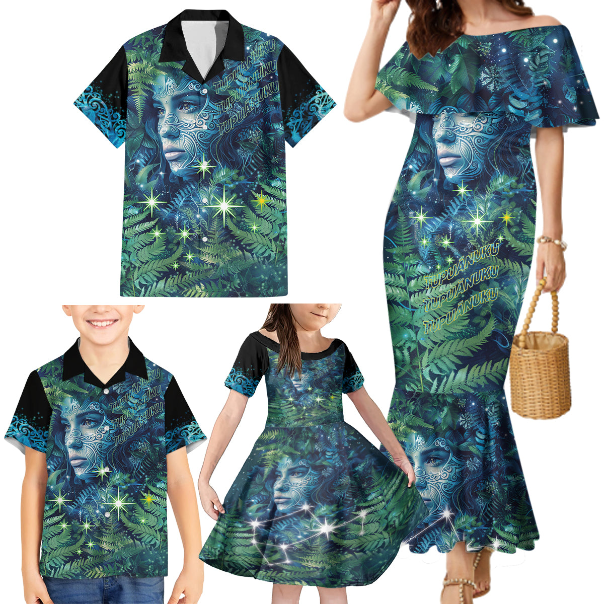 New Zealand Matariki Tupuanuku Family Matching Mermaid Dress and Hawaiian Shirt Te W o te Hauhake LT9 - Polynesian Pride