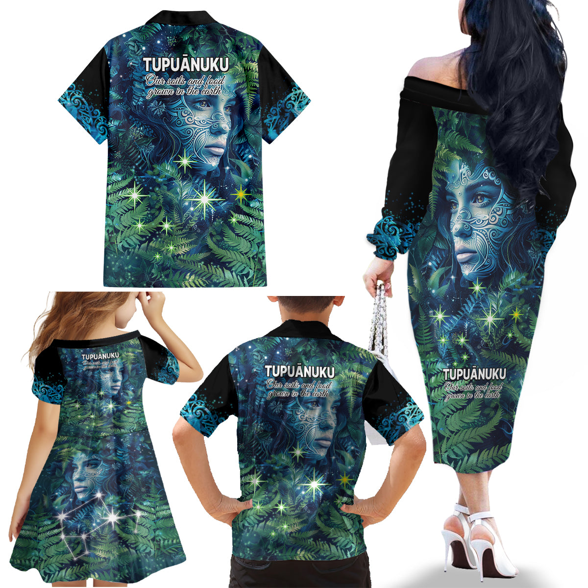 New Zealand Matariki Tupuanuku Family Matching Off The Shoulder Long Sleeve Dress and Hawaiian Shirt Te W o te Hauhake LT9 - Polynesian Pride