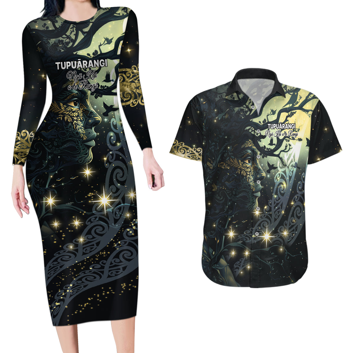New Zealand Matariki Tupuarangi Couples Matching Long Sleeve Bodycon Dress and Hawaiian Shirt Ng Kai o te Rangi LT9 Art - Polynesian Pride