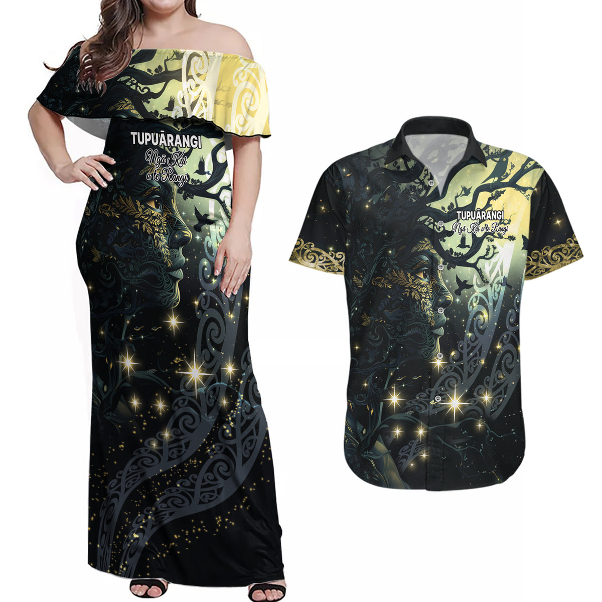 New Zealand Matariki Tupuarangi Couples Matching Off Shoulder Maxi Dress and Hawaiian Shirt Ng Kai o te Rangi LT9 Art - Polynesian Pride
