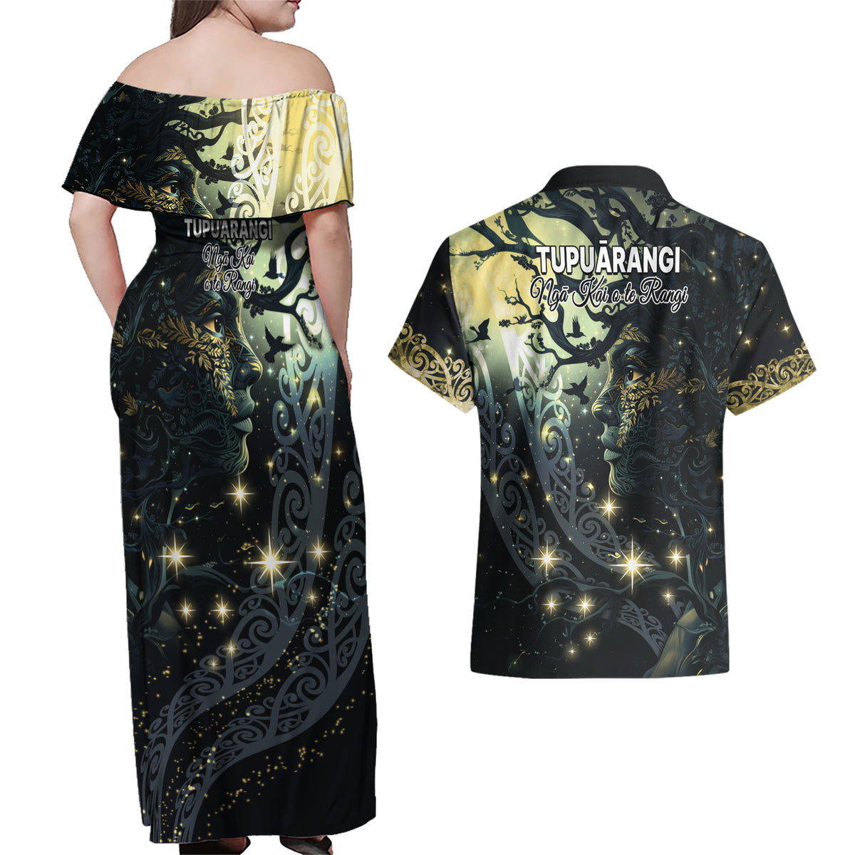 New Zealand Matariki Tupuarangi Couples Matching Off Shoulder Maxi Dress and Hawaiian Shirt Ng Kai o te Rangi LT9 - Polynesian Pride