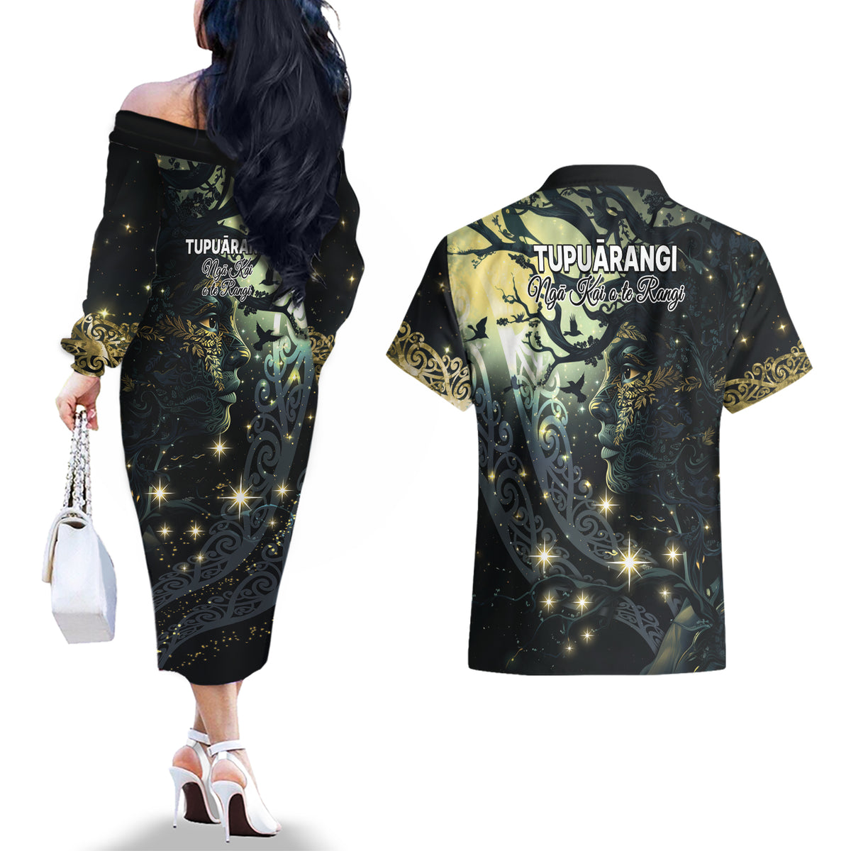 New Zealand Matariki Tupuarangi Couples Matching Off The Shoulder Long Sleeve Dress and Hawaiian Shirt Ng Kai o te Rangi LT9 - Polynesian Pride