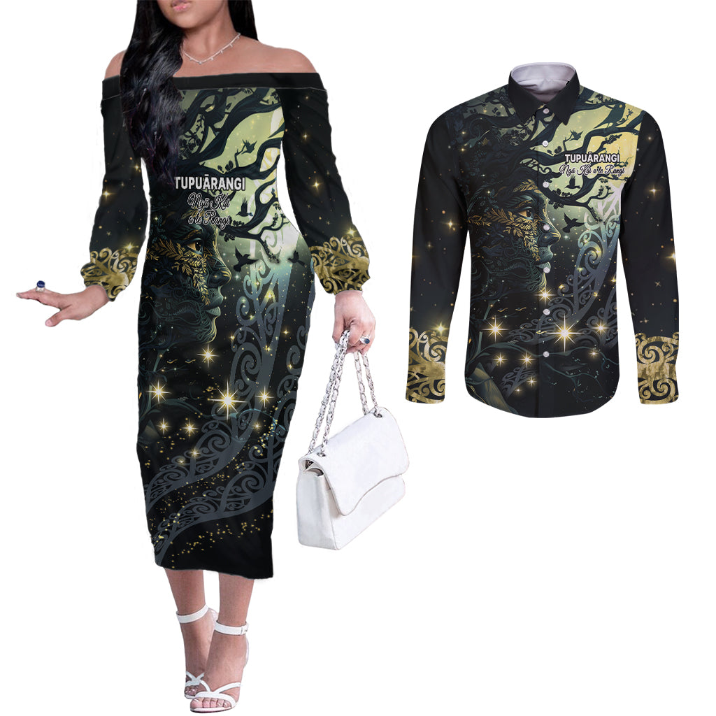 New Zealand Matariki Tupuarangi Couples Matching Off The Shoulder Long Sleeve Dress and Long Sleeve Button Shirt Ng Kai o te Rangi LT9 Art - Polynesian Pride