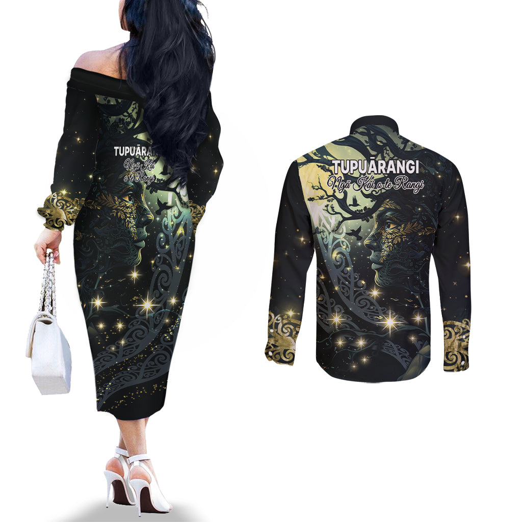 New Zealand Matariki Tupuarangi Couples Matching Off The Shoulder Long Sleeve Dress and Long Sleeve Button Shirt Ng Kai o te Rangi LT9 - Polynesian Pride