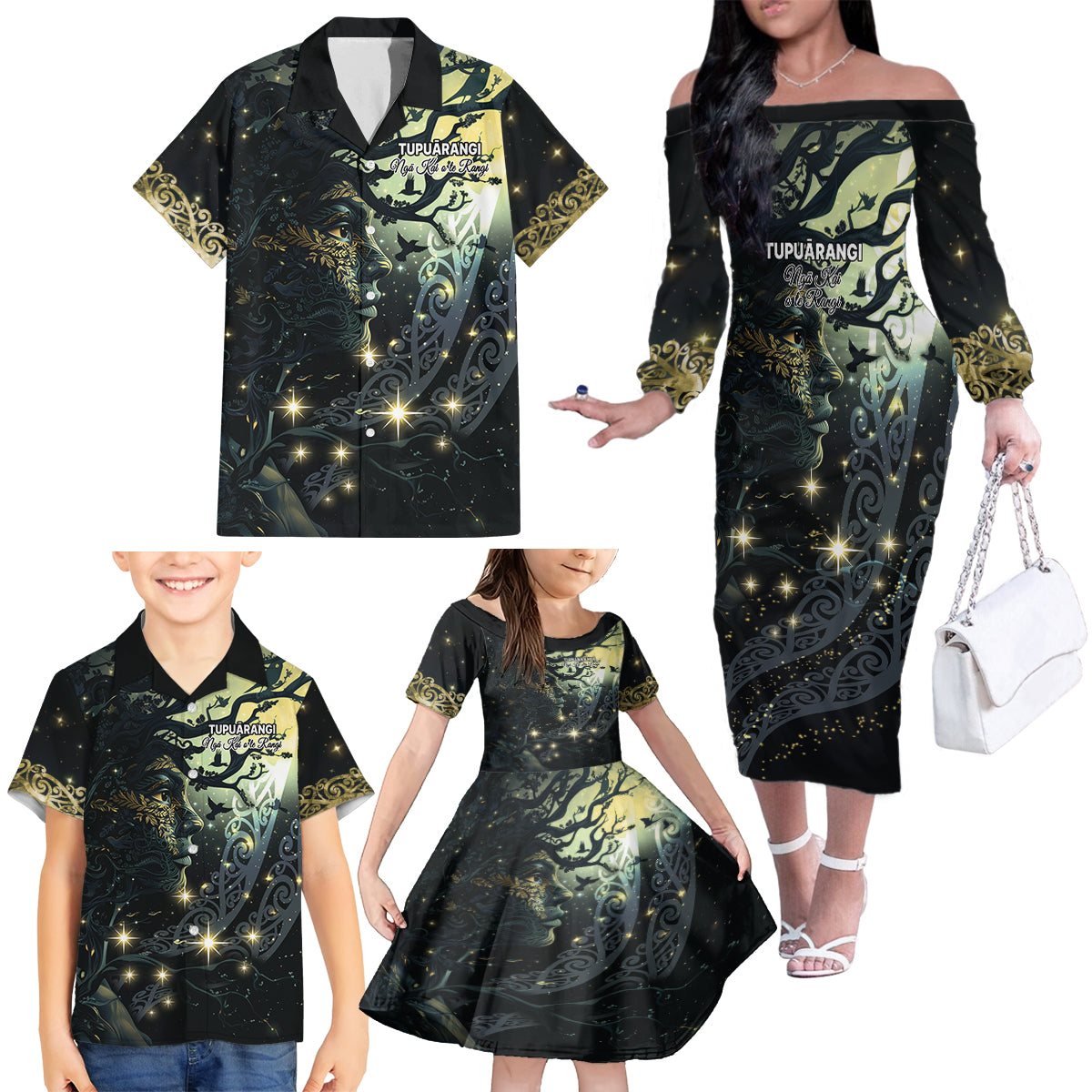 New Zealand Matariki Tupuarangi Family Matching Off The Shoulder Long Sleeve Dress and Hawaiian Shirt Ng Kai o te Rangi LT9 - Polynesian Pride