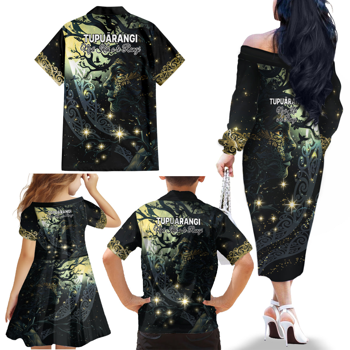 New Zealand Matariki Tupuarangi Family Matching Off The Shoulder Long Sleeve Dress and Hawaiian Shirt Ng Kai o te Rangi LT9 - Polynesian Pride