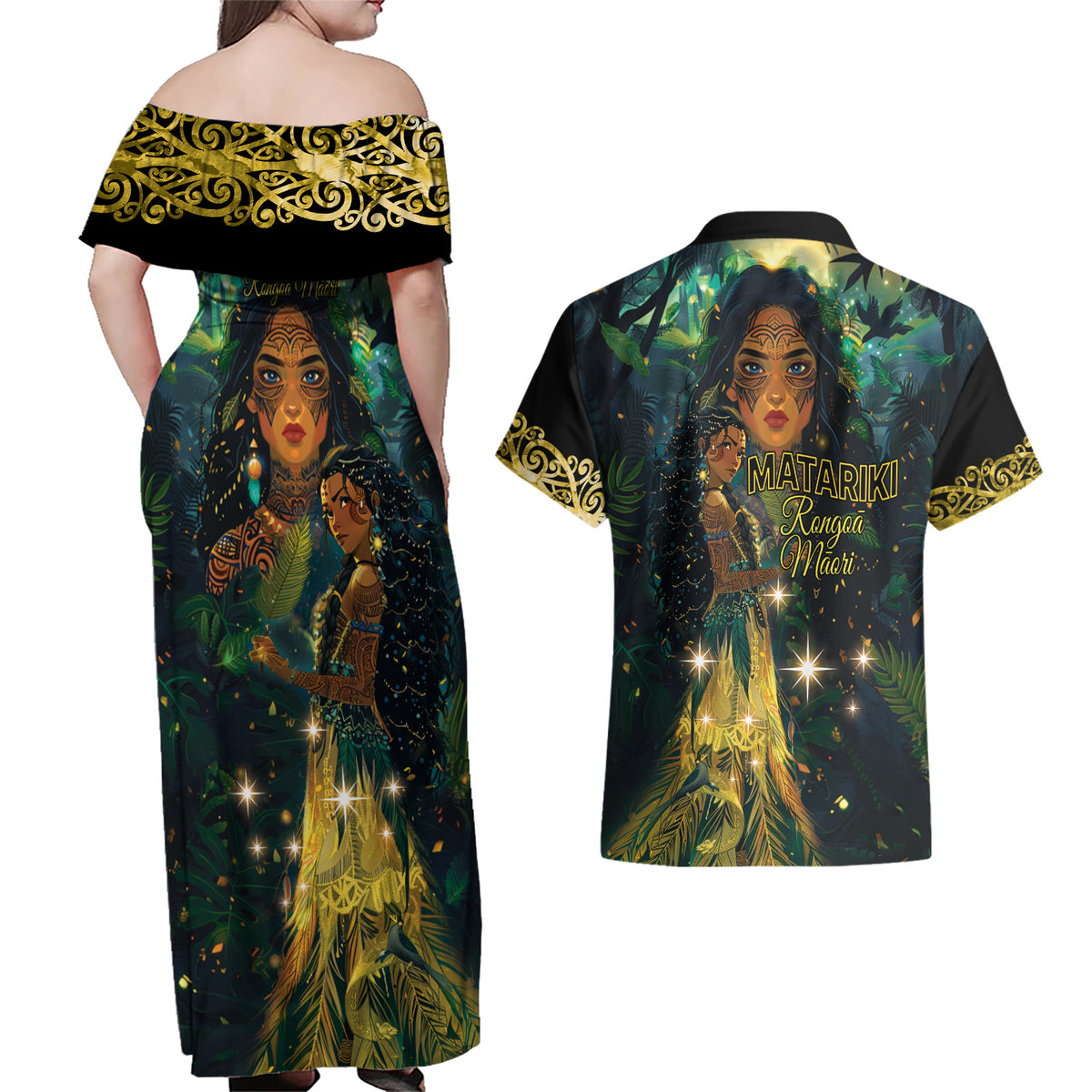New Zealand Matariki Couples Matching Off Shoulder Maxi Dress and Hawaiian Shirt Rongo Mori Wellbeing and Good Luck LT9 - Polynesian Pride