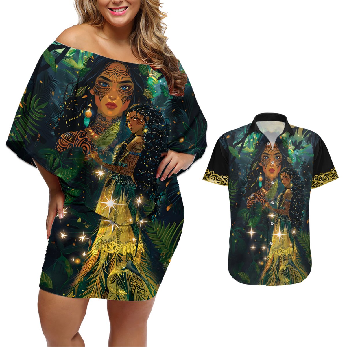 New Zealand Matariki Couples Matching Off Shoulder Short Dress and Hawaiian Shirt Rongo Mori Wellbeing and Good Luck LT9 Art - Polynesian Pride
