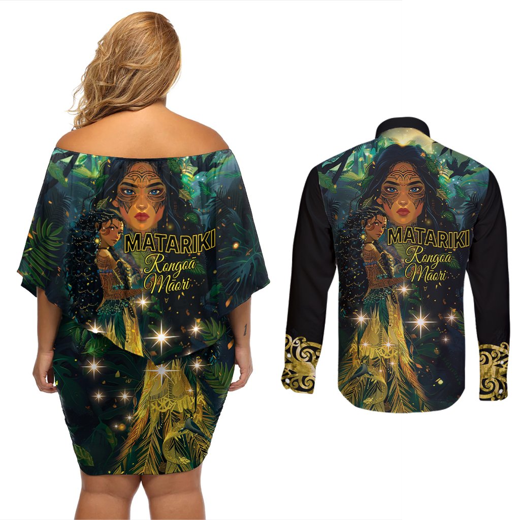 New Zealand Matariki Couples Matching Off Shoulder Short Dress and Long Sleeve Button Shirt Rongo Mori Wellbeing and Good Luck LT9 - Polynesian Pride