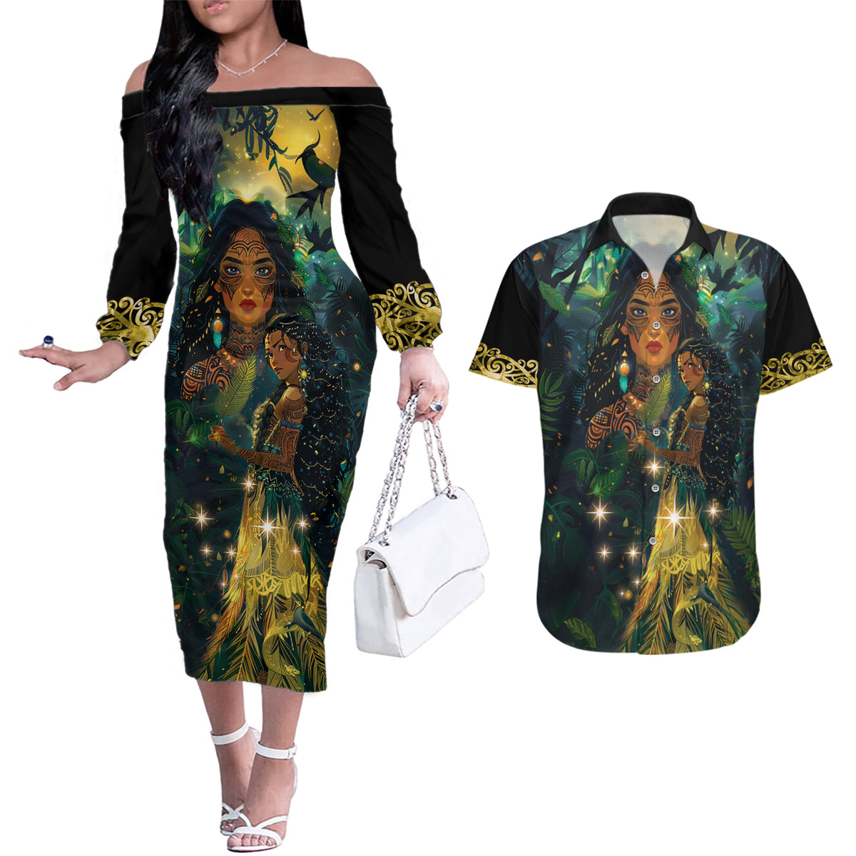 New Zealand Matariki Couples Matching Off The Shoulder Long Sleeve Dress and Hawaiian Shirt Rongo Mori Wellbeing and Good Luck LT9 Art - Polynesian Pride