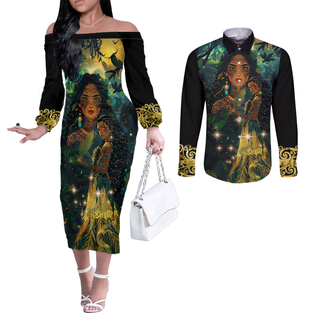 New Zealand Matariki Couples Matching Off The Shoulder Long Sleeve Dress and Long Sleeve Button Shirt Rongo Mori Wellbeing and Good Luck LT9 Art - Polynesian Pride