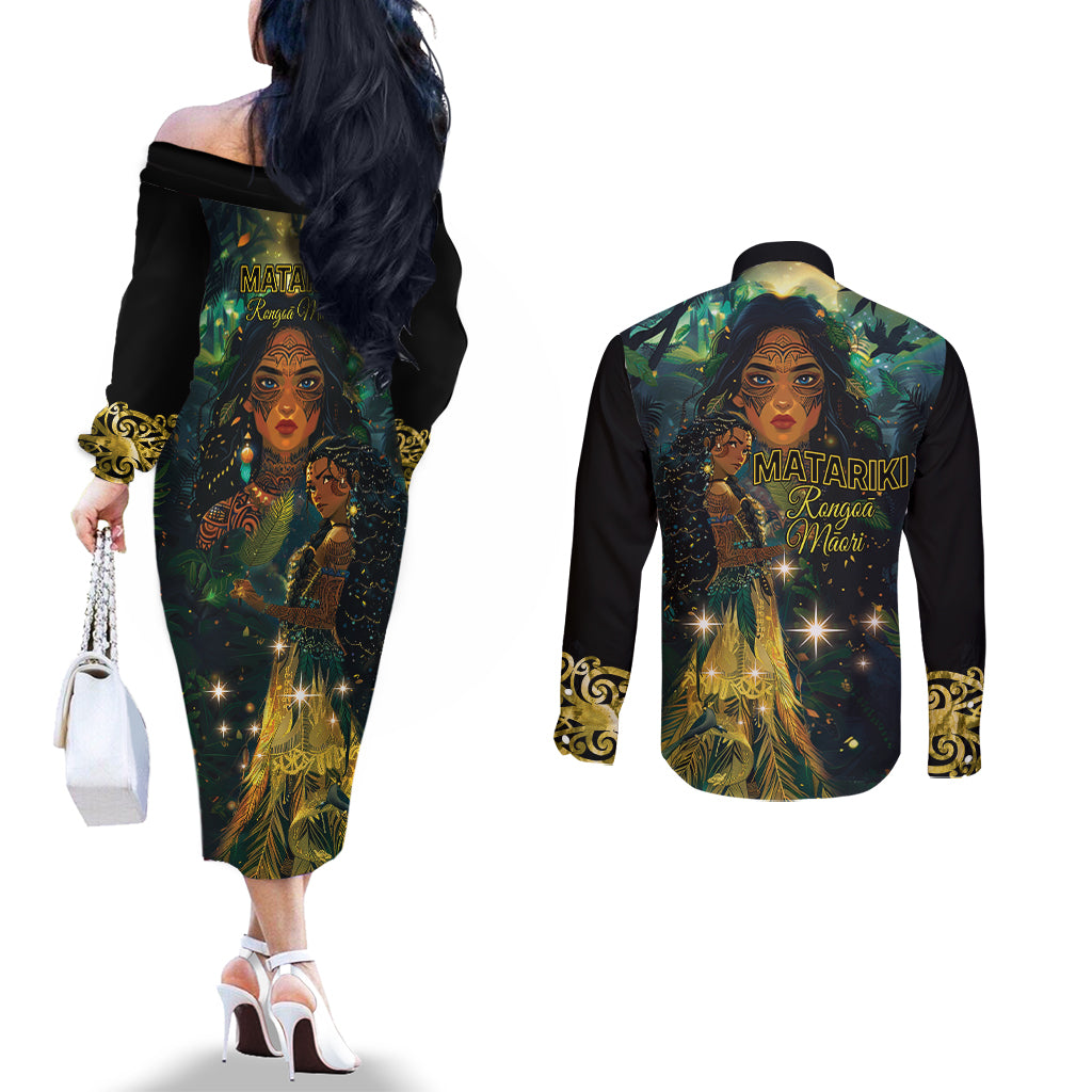 New Zealand Matariki Couples Matching Off The Shoulder Long Sleeve Dress and Long Sleeve Button Shirt Rongo Mori Wellbeing and Good Luck LT9 - Polynesian Pride