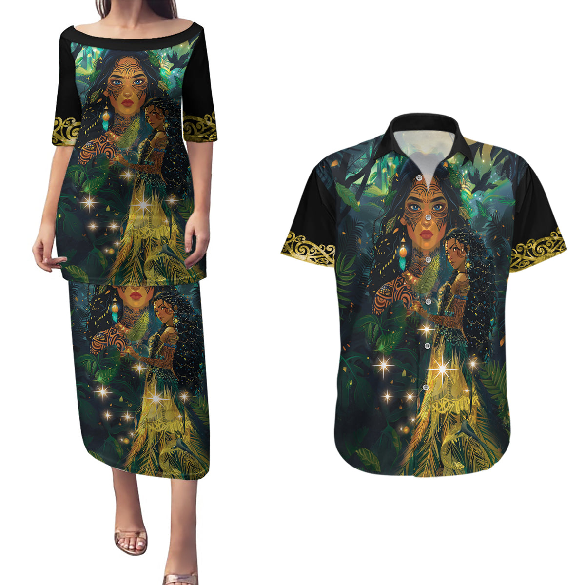 New Zealand Matariki Couples Matching Puletasi and Hawaiian Shirt Rongo Mori Wellbeing and Good Luck LT9 Art - Polynesian Pride