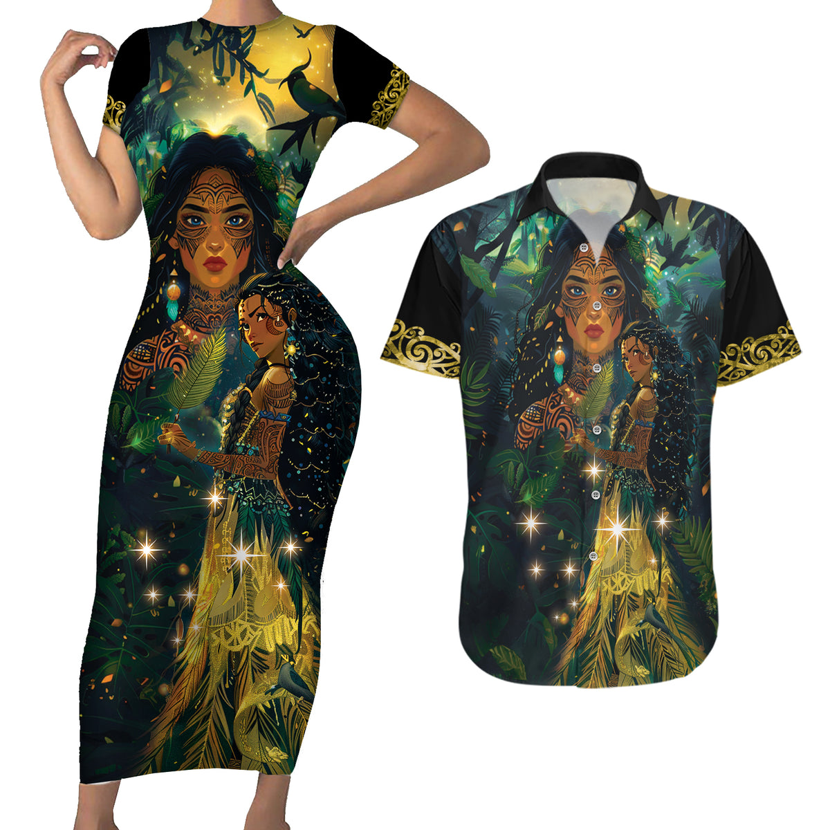 New Zealand Matariki Couples Matching Short Sleeve Bodycon Dress and Hawaiian Shirt Rongo Mori Wellbeing and Good Luck LT9 Art - Polynesian Pride