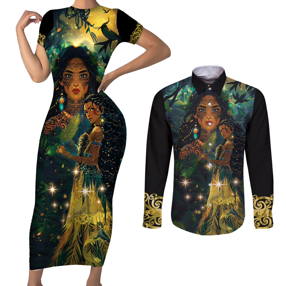New Zealand Matariki Couples Matching Short Sleeve Bodycon Dress and Long Sleeve Button Shirt Rongo Mori Wellbeing and Good Luck LT9 Art - Polynesian Pride