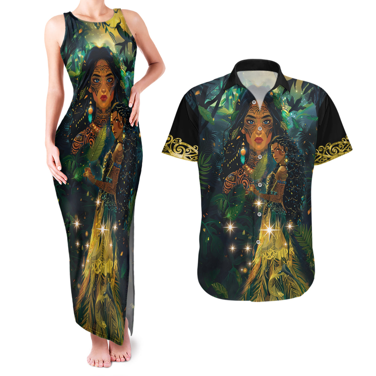 New Zealand Matariki Couples Matching Tank Maxi Dress and Hawaiian Shirt Rongo Mori Wellbeing and Good Luck LT9 Art - Polynesian Pride
