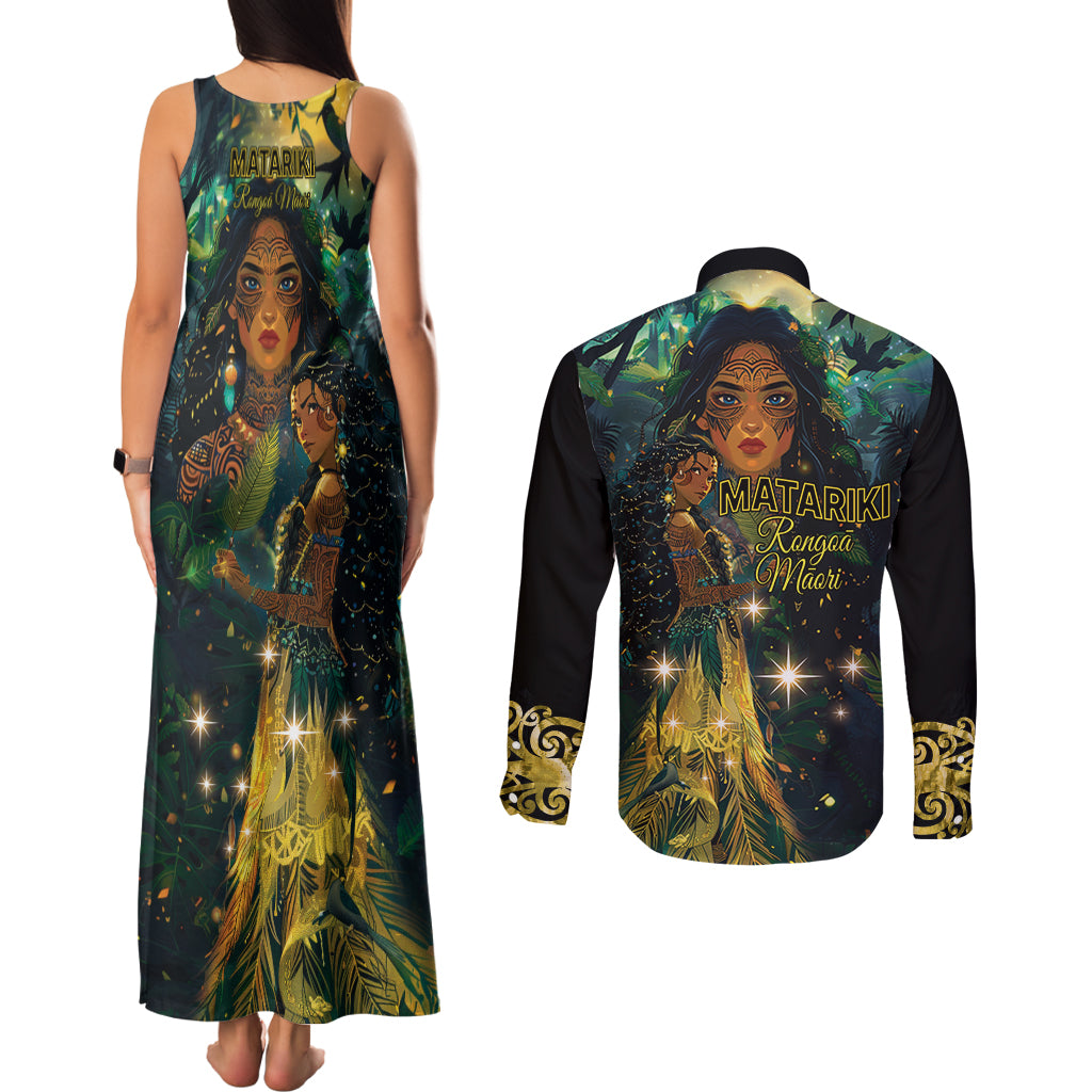 New Zealand Matariki Couples Matching Tank Maxi Dress and Long Sleeve Button Shirt Rongo Mori Wellbeing and Good Luck LT9 - Polynesian Pride