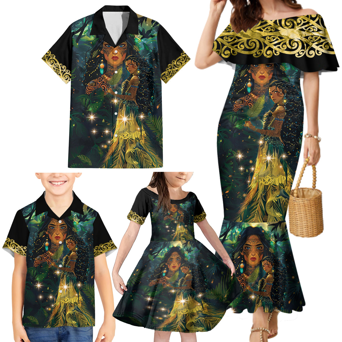 New Zealand Matariki Family Matching Mermaid Dress and Hawaiian Shirt Rongo Mori Wellbeing and Good Luck LT9 - Polynesian Pride
