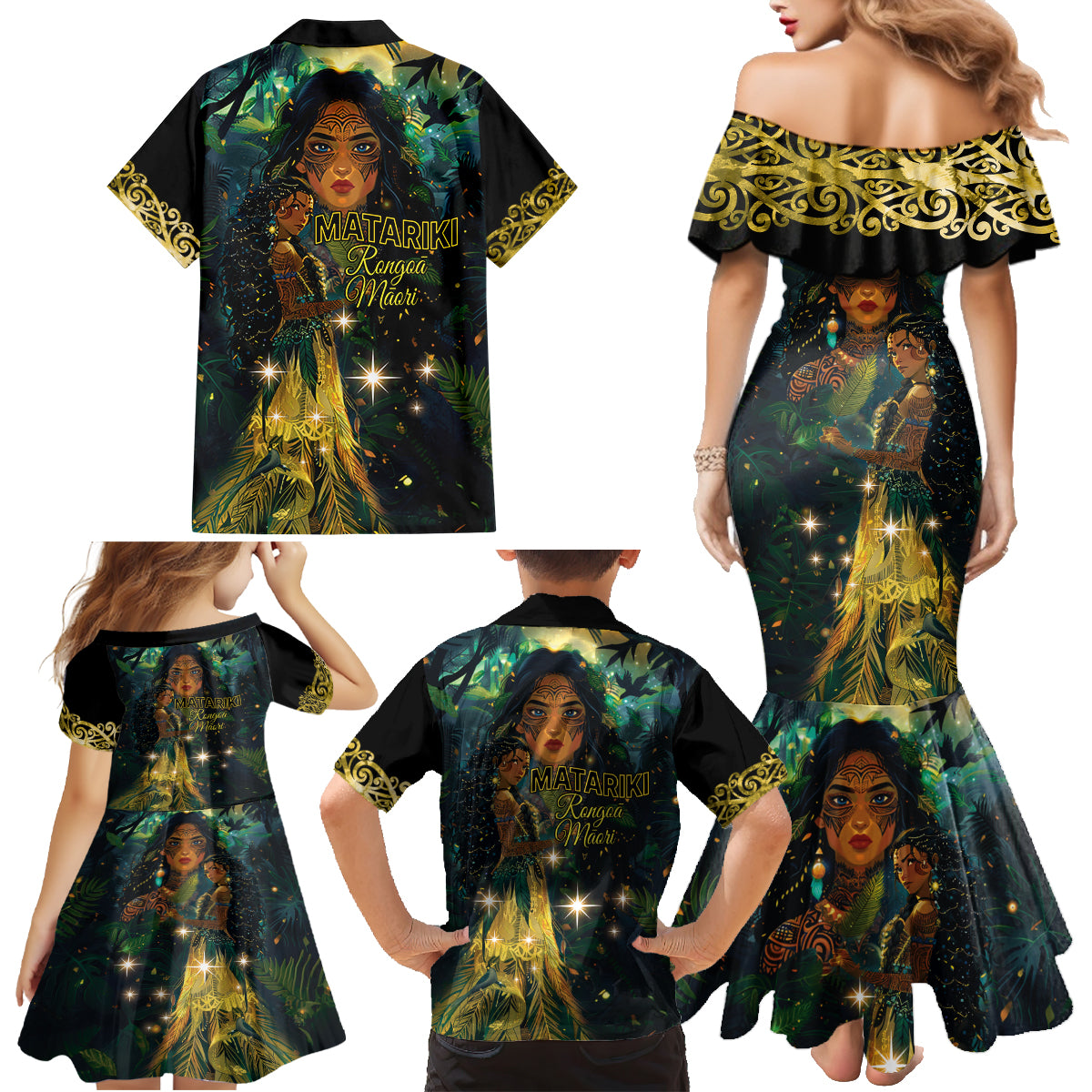 New Zealand Matariki Family Matching Mermaid Dress and Hawaiian Shirt Rongo Mori Wellbeing and Good Luck LT9 - Polynesian Pride