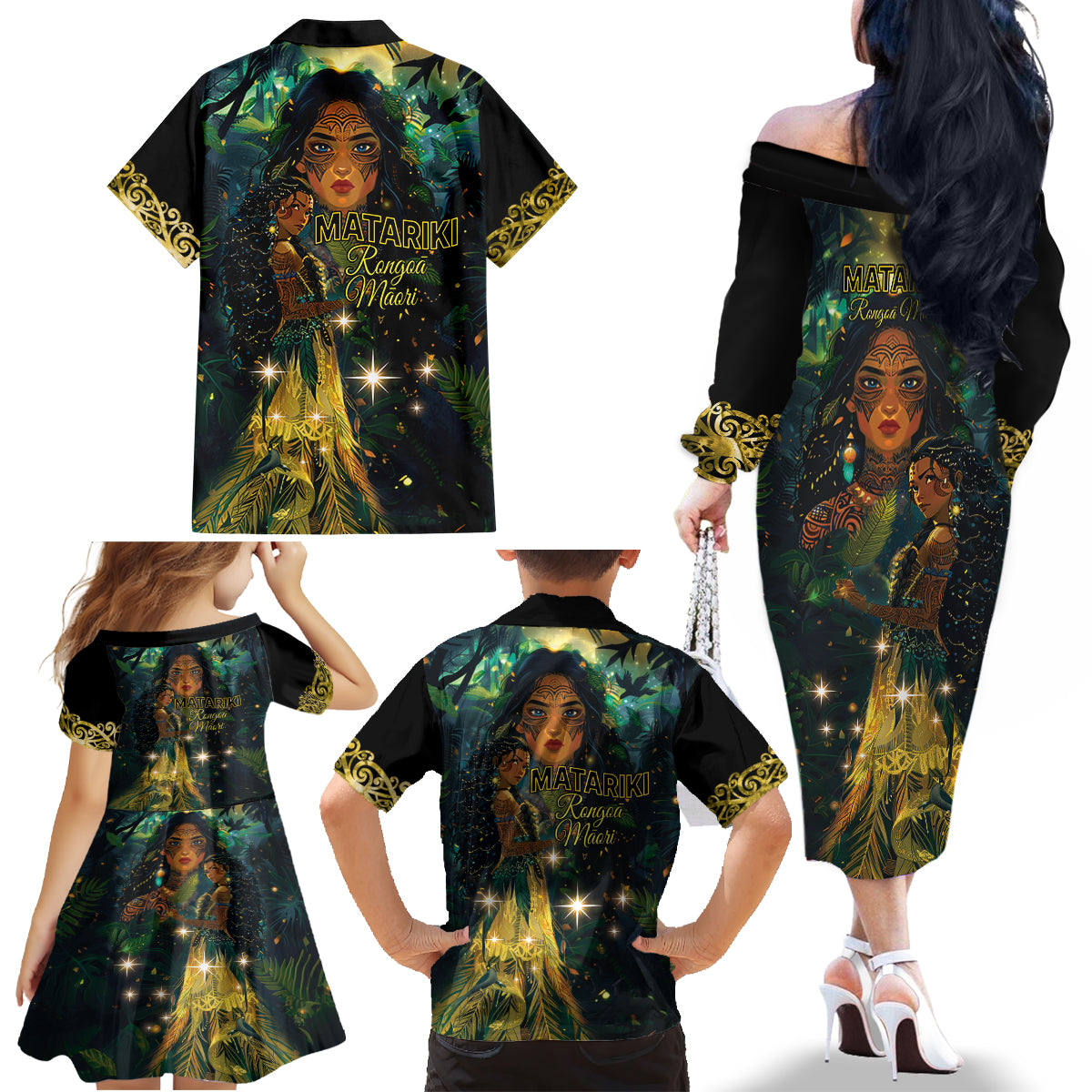 New Zealand Matariki Family Matching Off The Shoulder Long Sleeve Dress and Hawaiian Shirt Rongo Mori Wellbeing and Good Luck LT9 - Polynesian Pride