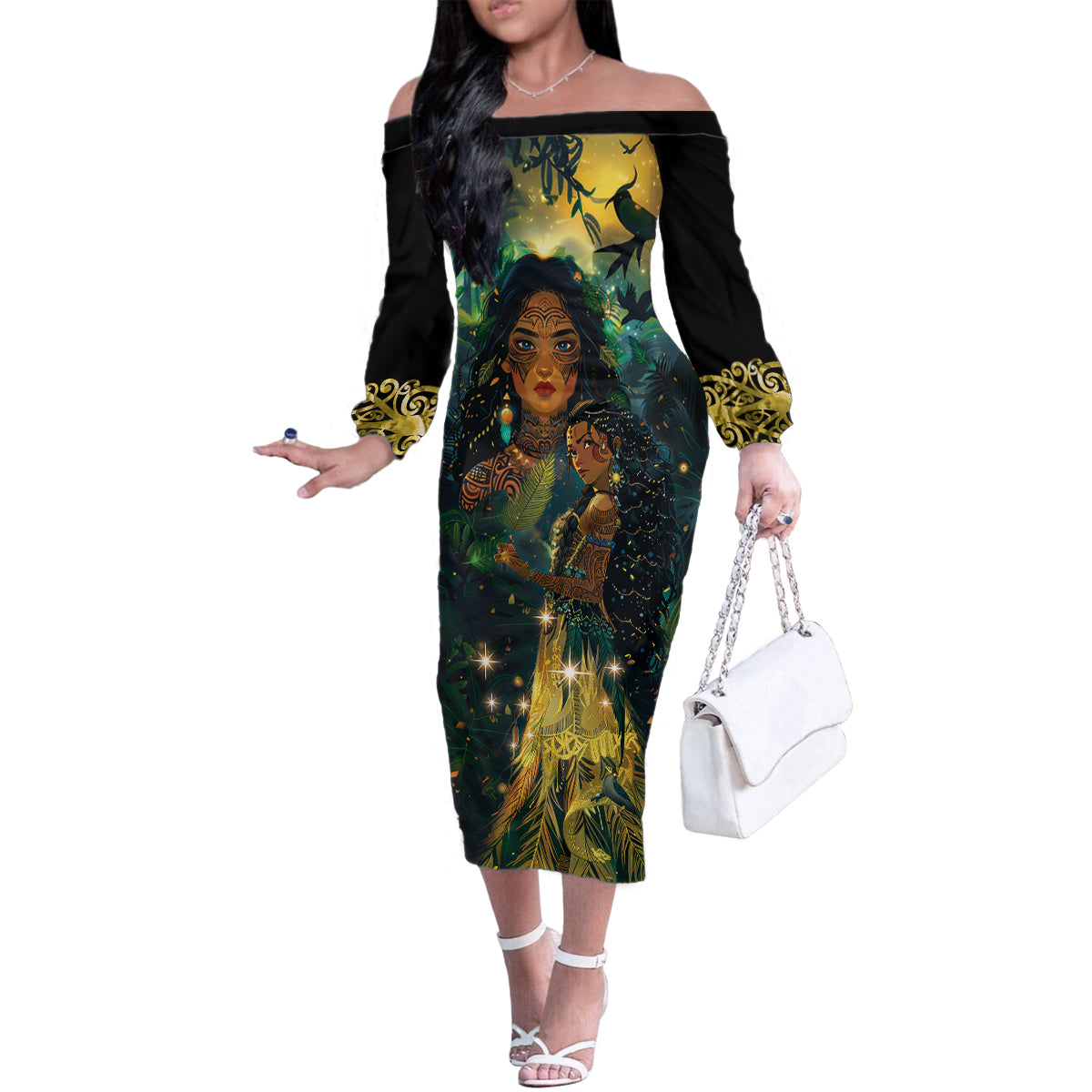 New Zealand Matariki Family Matching Off The Shoulder Long Sleeve Dress and Hawaiian Shirt Rongo Mori Wellbeing and Good Luck LT9 Mom's Dress Art - Polynesian Pride