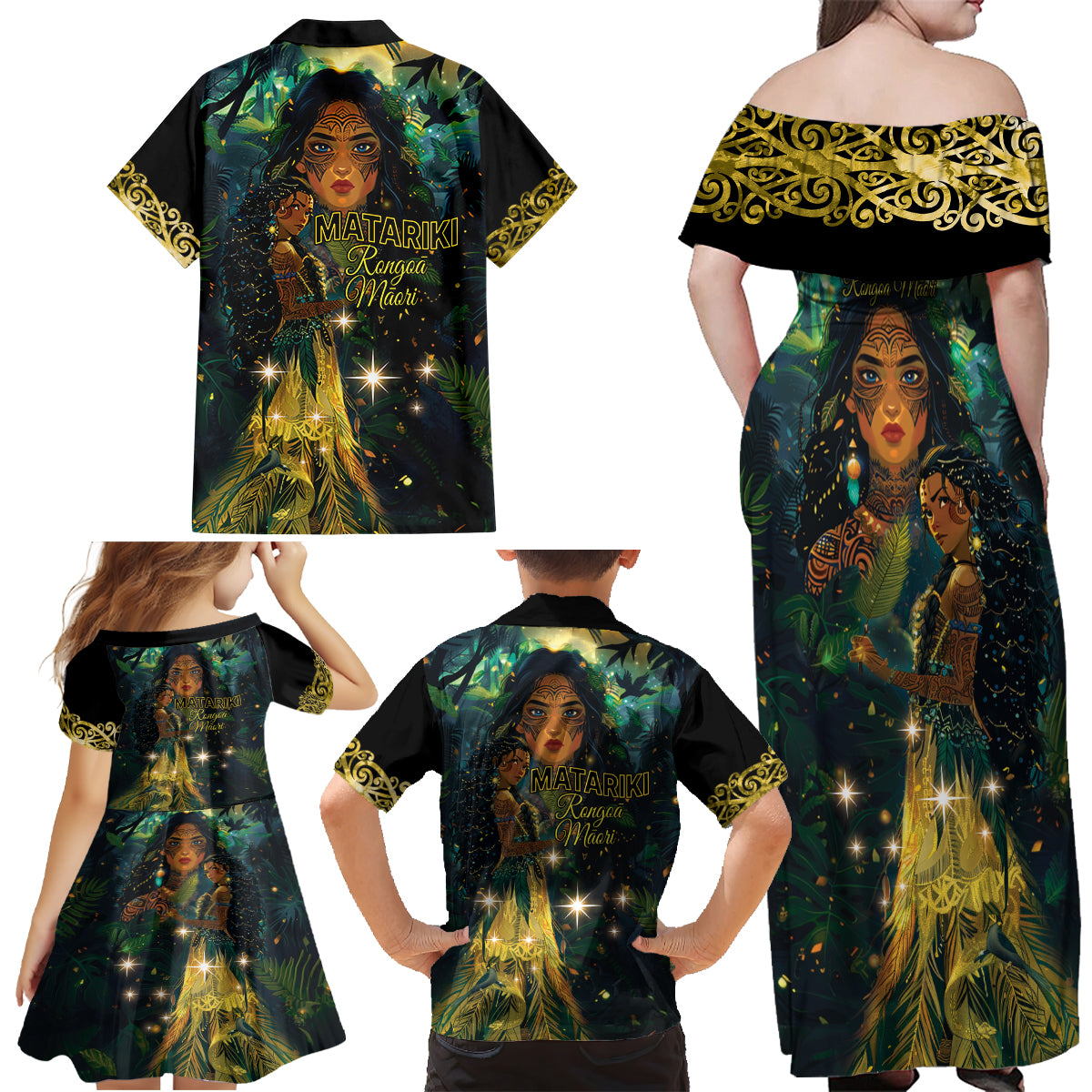 New Zealand Matariki Family Matching Off Shoulder Maxi Dress and Hawaiian Shirt Rongo Mori Wellbeing and Good Luck LT9 - Polynesian Pride