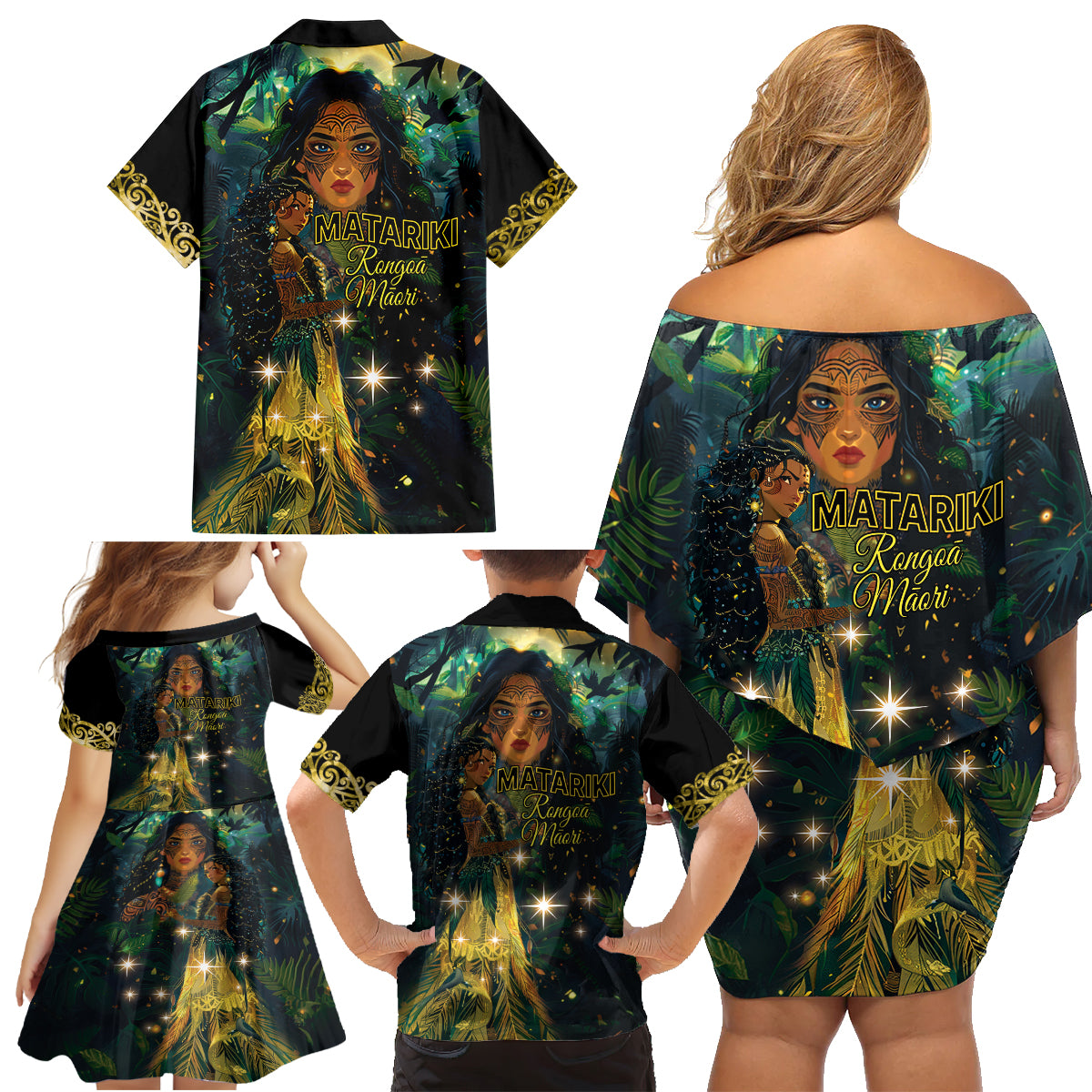 New Zealand Matariki Family Matching Off Shoulder Short Dress and Hawaiian Shirt Rongo Mori Wellbeing and Good Luck LT9 - Polynesian Pride
