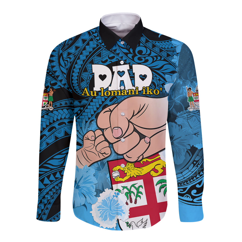 Personalised Fathers Day Polynesian Islands Fiji Long Sleeve Button Shirt Dad Au Lomani Iko - Polynesian Flowers Tribal LT9 Unisex Blue - Polynesian Pride