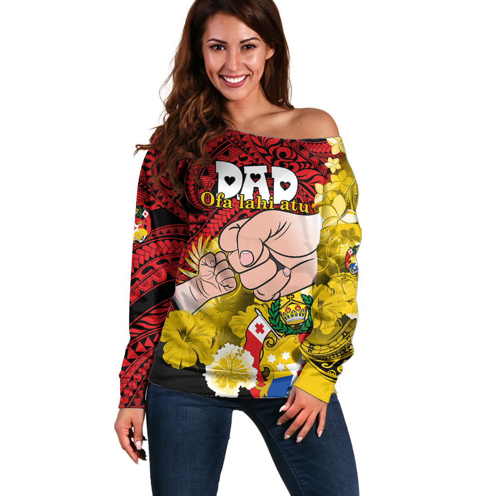 Personalised Dads Day Tonga Off Shoulder Sweater Dad Ofa lahi atu - Polynesian Flowers Tribal LT9 Women Red - Polynesian Pride