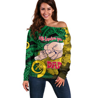 Personalised Fathers Day Polynesian Islands Vanuatu Off Shoulder Sweater Dad Mi lavem yu - Polynesian Flowers Tribal LT9 Women Green - Polynesian Pride