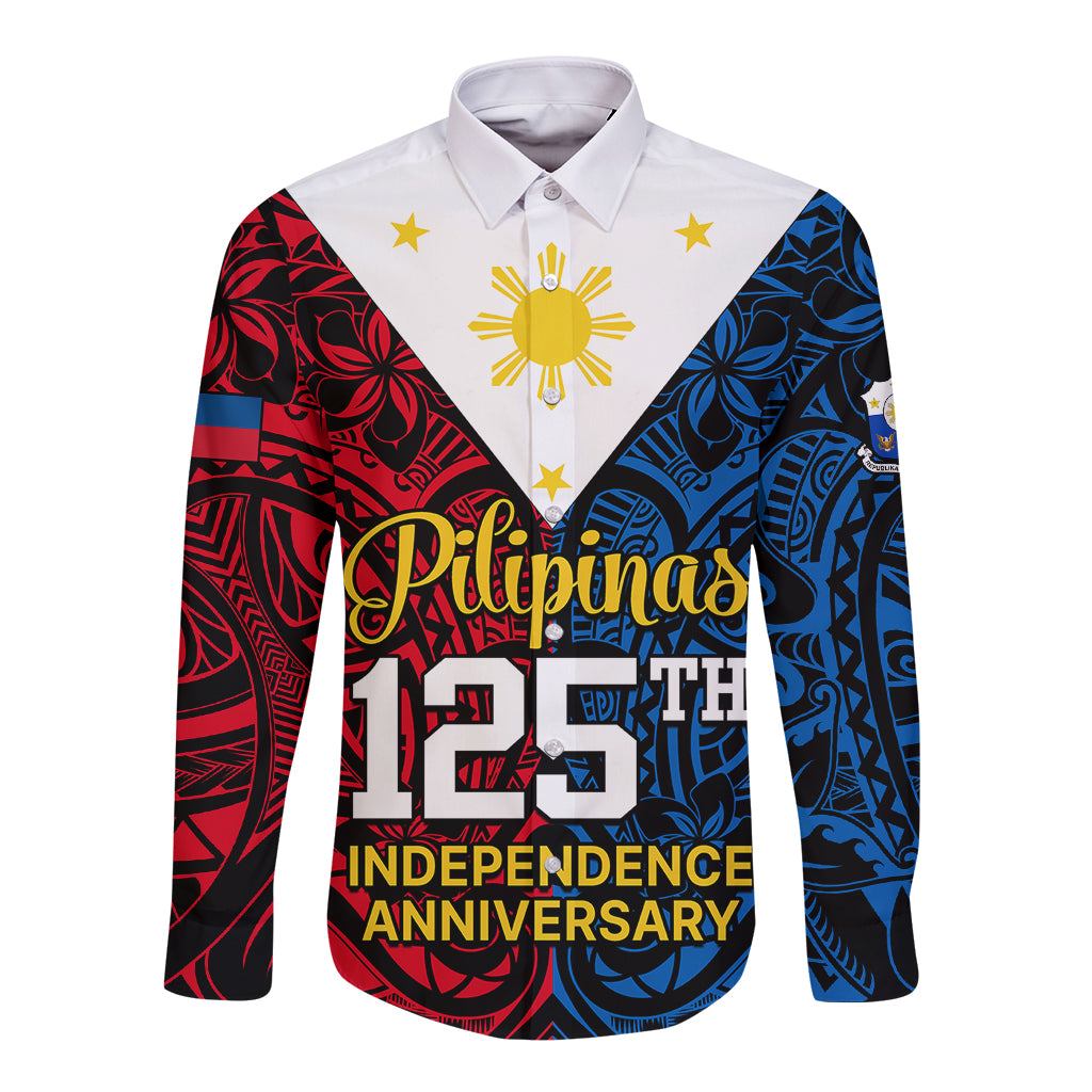 Personalised 125th Independence Anniversary Philippines Long Sleeve Button Shirt Polynesian Pilipinas Flag Style - Black LT9 Unisex Black - Polynesian Pride