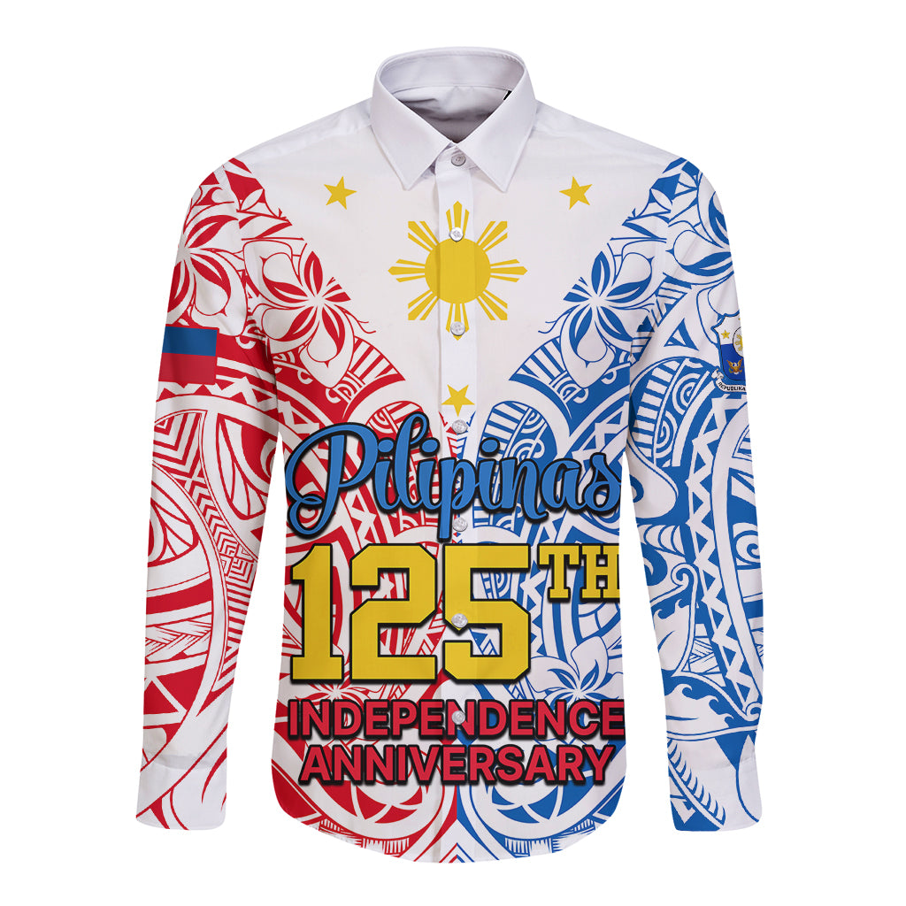 125th Independence Anniversary Philippines Long Sleeve Button Shirt Polynesian Pilipinas Flag Style - White LT9 Unisex White - Polynesian Pride