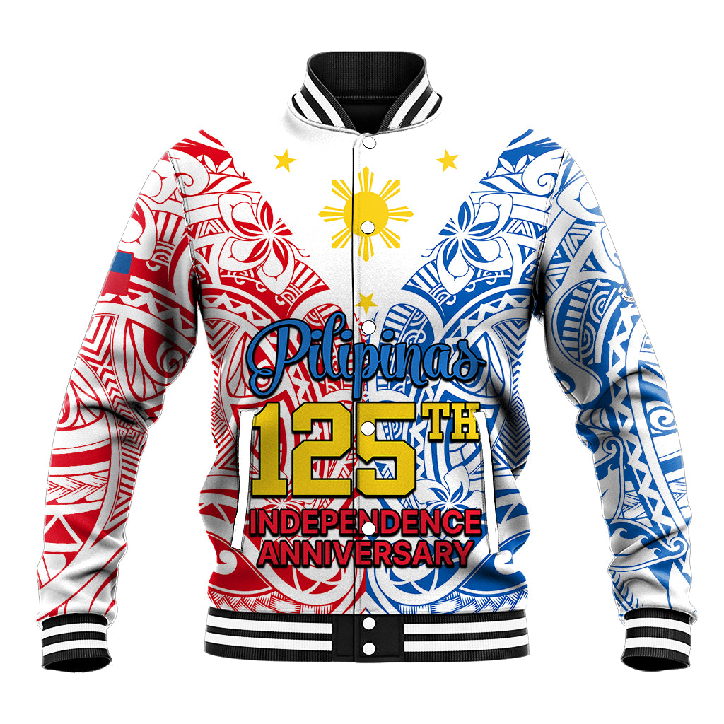 Personalised 125th Independence Anniversary Philippines Baseball Jacket Polynesian Pilipinas Flag Style - White LT9 Unisex White - Polynesian Pride