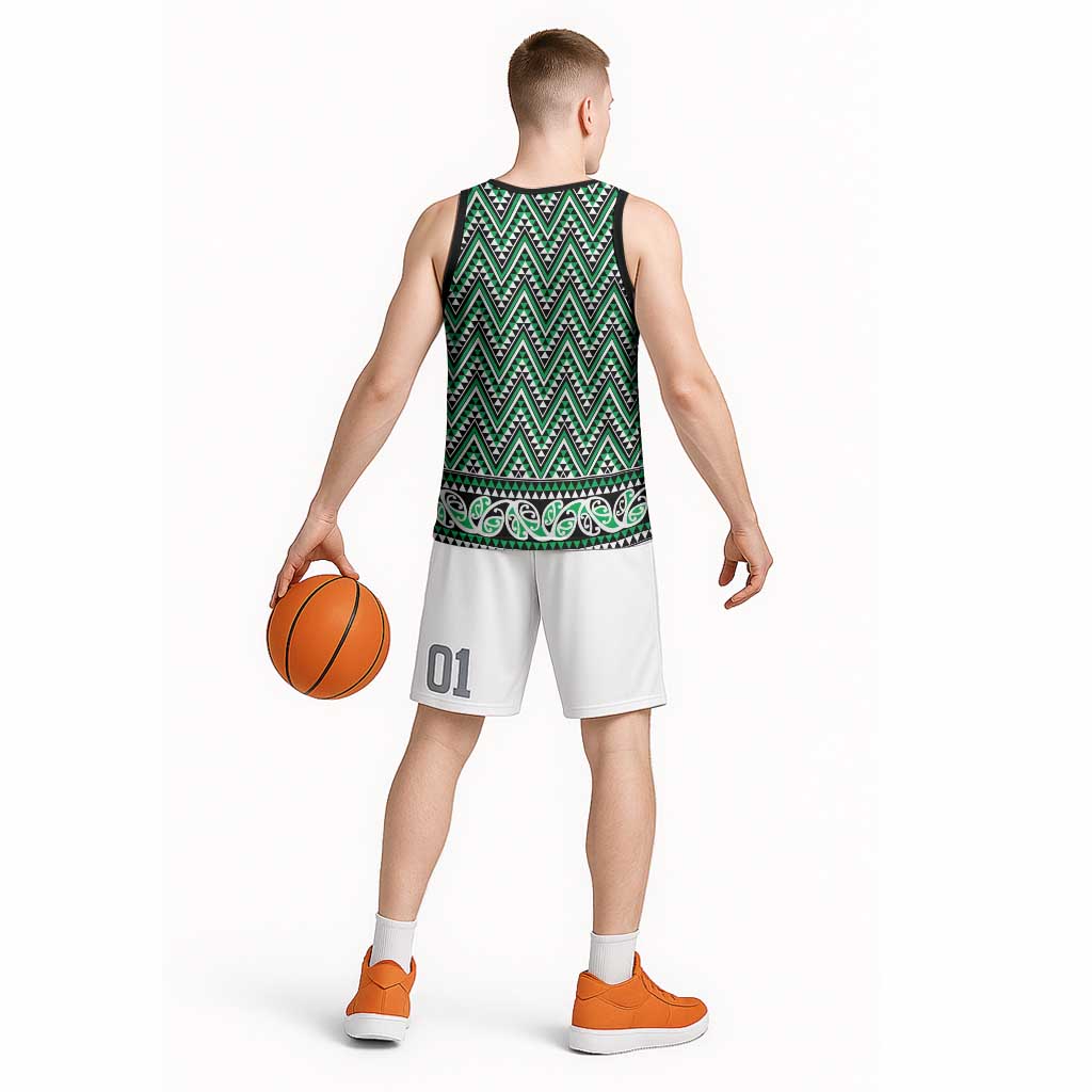New Zealand Maori Niho Taniwha Basketball Jersey Kakariki Mangopare and Puhoro Pattern - Polynesian Pride