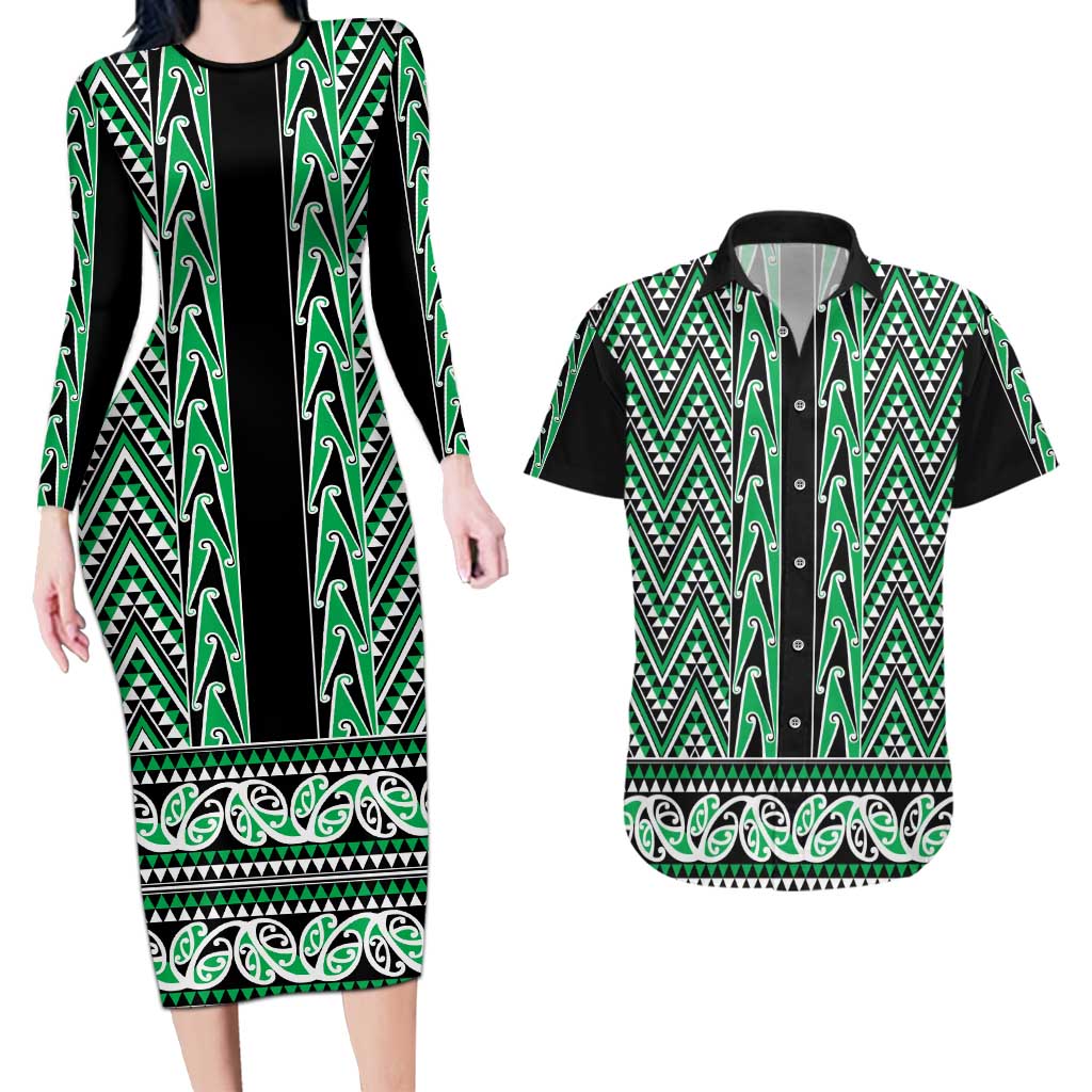 New Zealand Maori Niho Taniwha Couples Matching Long Sleeve Bodycon Dress and Hawaiian Shirt Kakariki Mangopare and Puhoro Pattern LT9 Green - Polynesian Pride