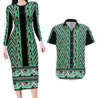 New Zealand Maori Niho Taniwha Couples Matching Long Sleeve Bodycon Dress and Hawaiian Shirt Kakariki Mangopare and Puhoro Pattern LT9 Green - Polynesian Pride