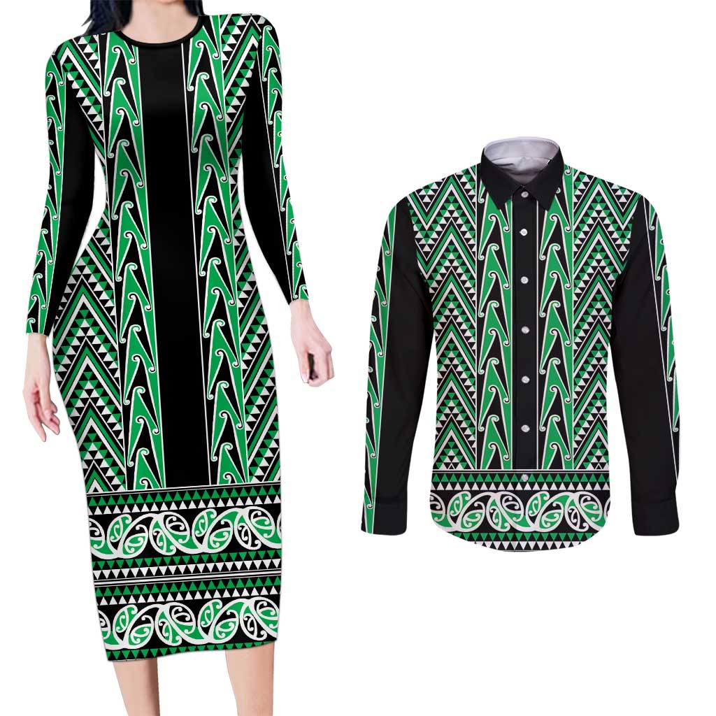 New Zealand Maori Niho Taniwha Couples Matching Long Sleeve Bodycon Dress and Long Sleeve Button Shirt Kakariki Mangopare and Puhoro Pattern LT9 Green - Polynesian Pride