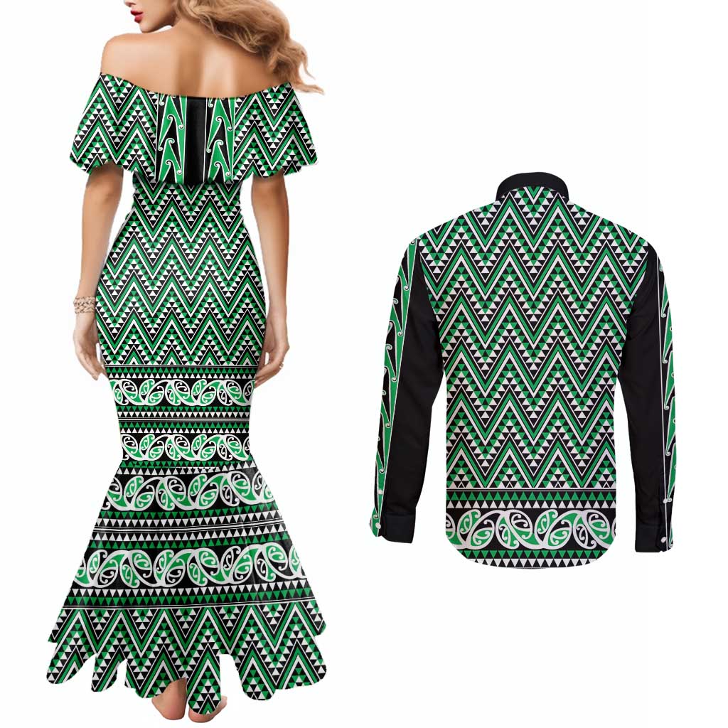 New Zealand Maori Niho Taniwha Couples Matching Mermaid Dress and Long Sleeve Button Shirt Kakariki Mangopare and Puhoro Pattern LT9 - Polynesian Pride