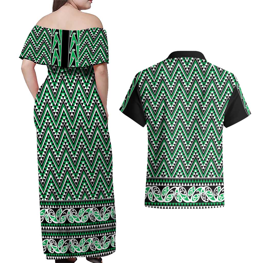 New Zealand Maori Niho Taniwha Couples Matching Off Shoulder Maxi Dress and Hawaiian Shirt Kakariki Mangopare and Puhoro Pattern LT9 - Polynesian Pride