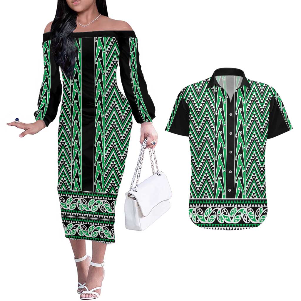 New Zealand Maori Niho Taniwha Couples Matching Off The Shoulder Long Sleeve Dress and Hawaiian Shirt Kakariki Mangopare and Puhoro Pattern LT9 Green - Polynesian Pride