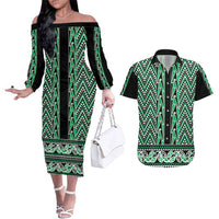 New Zealand Maori Niho Taniwha Couples Matching Off The Shoulder Long Sleeve Dress and Hawaiian Shirt Kakariki Mangopare and Puhoro Pattern LT9 Green - Polynesian Pride